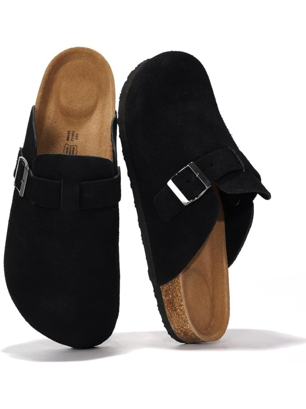 Mens Black Suede Leather Cloud Full Grain Genuine Leather Buckle Closure Clogs